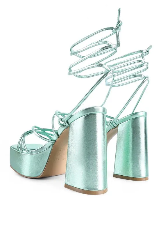 Anvil Metallic Block Heel Lace Up Leg Platform Sandals