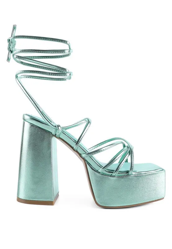 Anvil Metallic Block Heel Lace Up Leg Platform Sandals