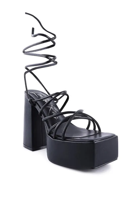 Anvil Metallic Block Heel Lace Up Leg Platform Sandals