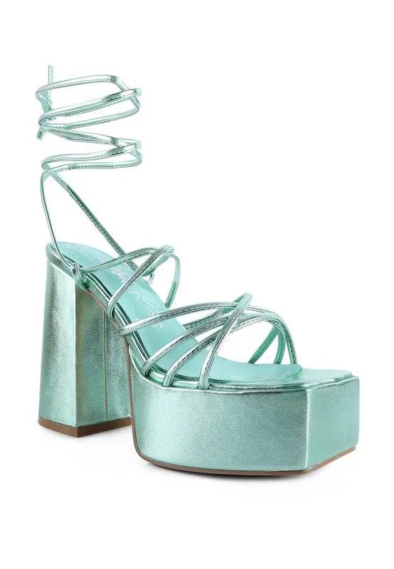 Anvil Metallic Block Heel Lace Up Leg Platform Sandals
