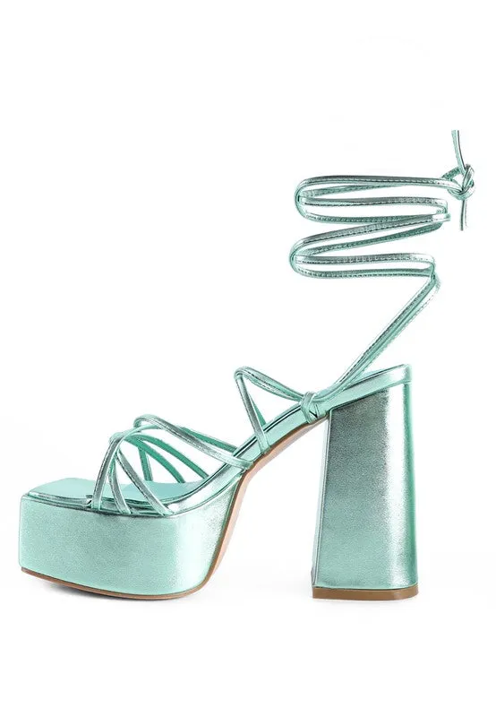 Anvil Metallic Block Heel Lace Up Leg Platform Sandals
