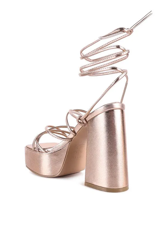 Anvil Metallic Block Heel Lace Up Leg Platform Sandals