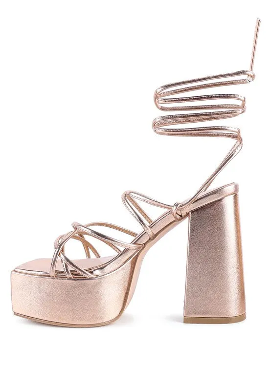 Anvil Metallic Block Heel Lace Up Leg Platform Sandals
