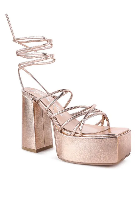 Anvil Metallic Block Heel Lace Up Leg Platform Sandals