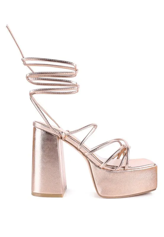 Anvil Metallic Block Heel Lace Up Leg Platform Sandals