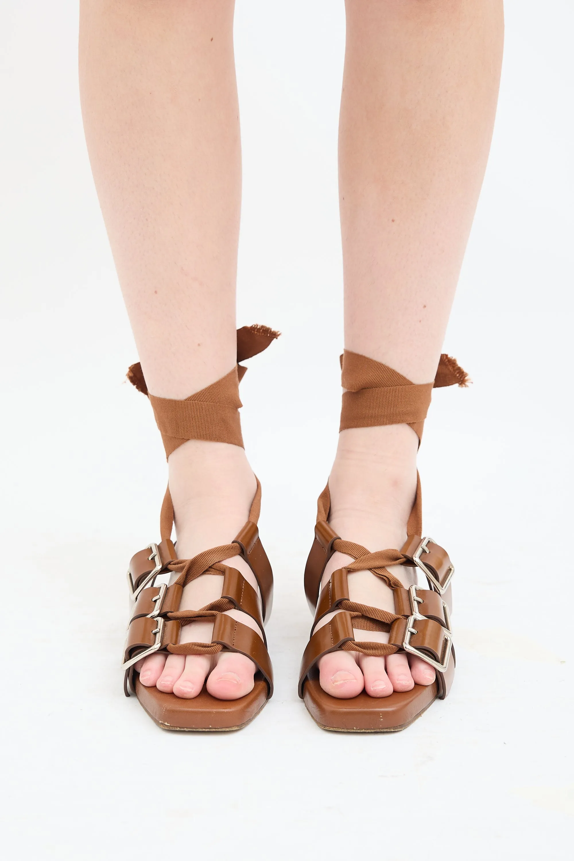 Brown Leather Buckled Lace Up Sandal