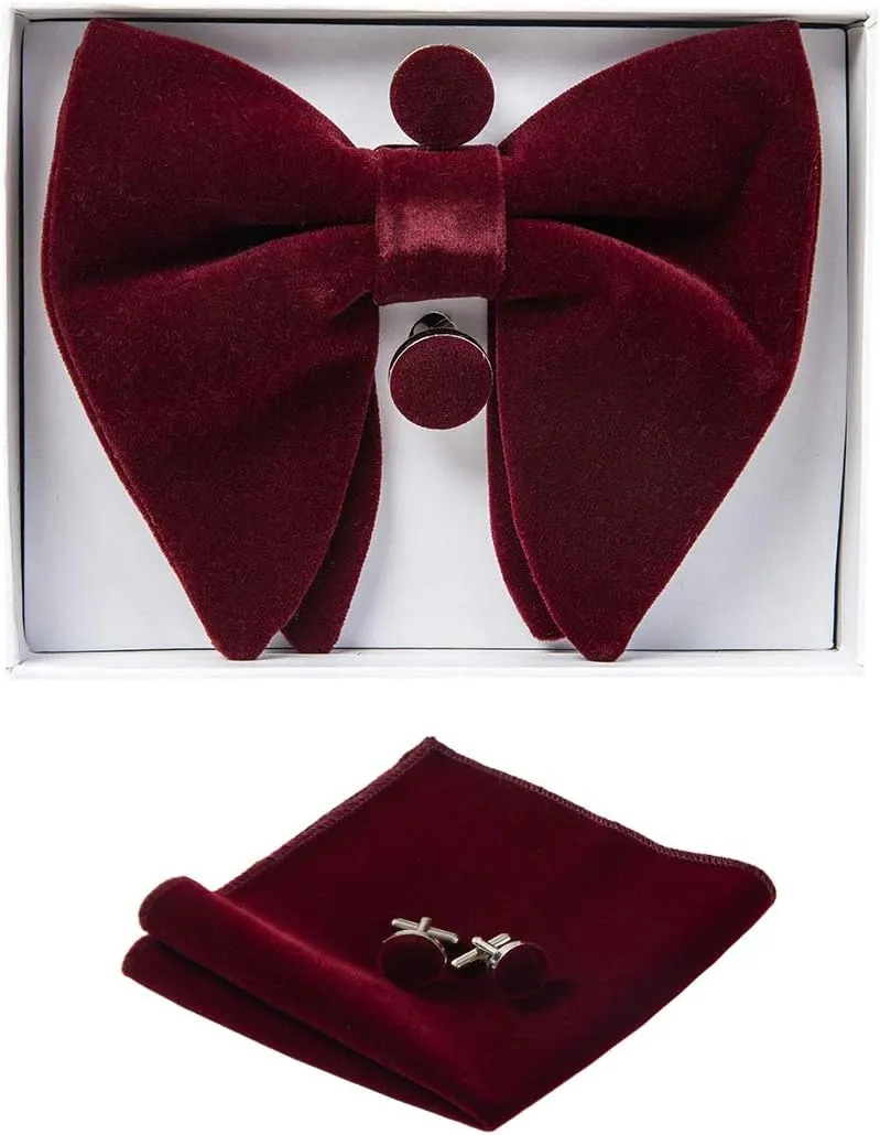 GUSLESON Mens Solid Plaid Velvet Pre-tied Adjustable Bow Tie and Pocket Square Cufflink Set with Gift Box