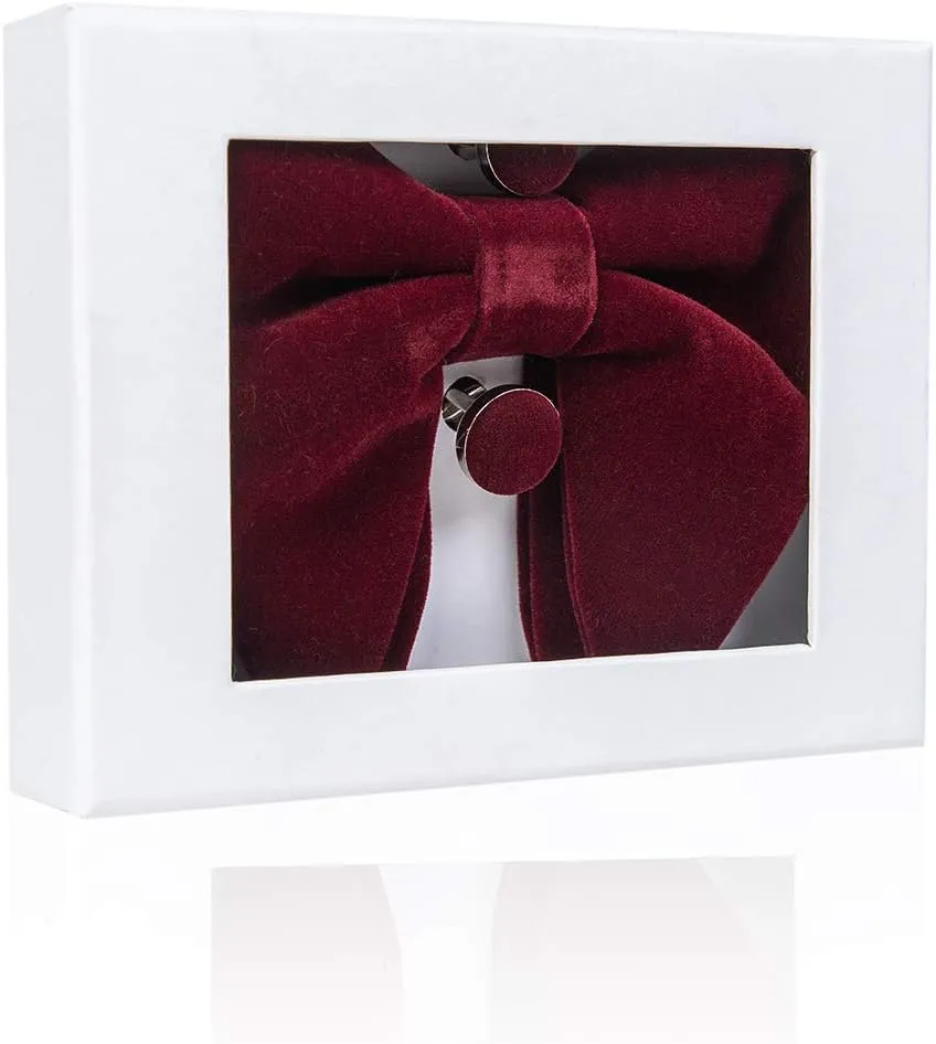 GUSLESON Mens Solid Plaid Velvet Pre-tied Adjustable Bow Tie and Pocket Square Cufflink Set with Gift Box