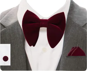 GUSLESON Mens Solid Plaid Velvet Pre-tied Adjustable Bow Tie and Pocket Square Cufflink Set with Gift Box