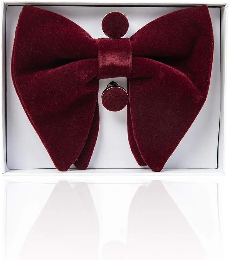 GUSLESON Mens Solid Plaid Velvet Pre-tied Adjustable Bow Tie and Pocket Square Cufflink Set with Gift Box