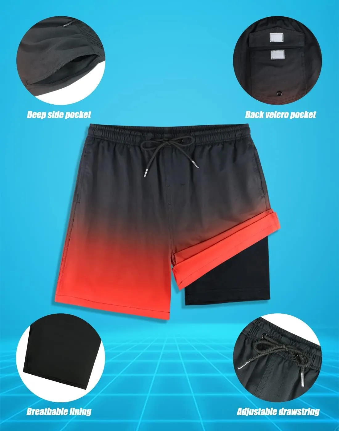 LUCOWEE Mens Swim Trunks with Compression Liner Anti Chafe Quick Dry UPF 50  Swimming Shorts 5" 7" Inseam Bathing Suit