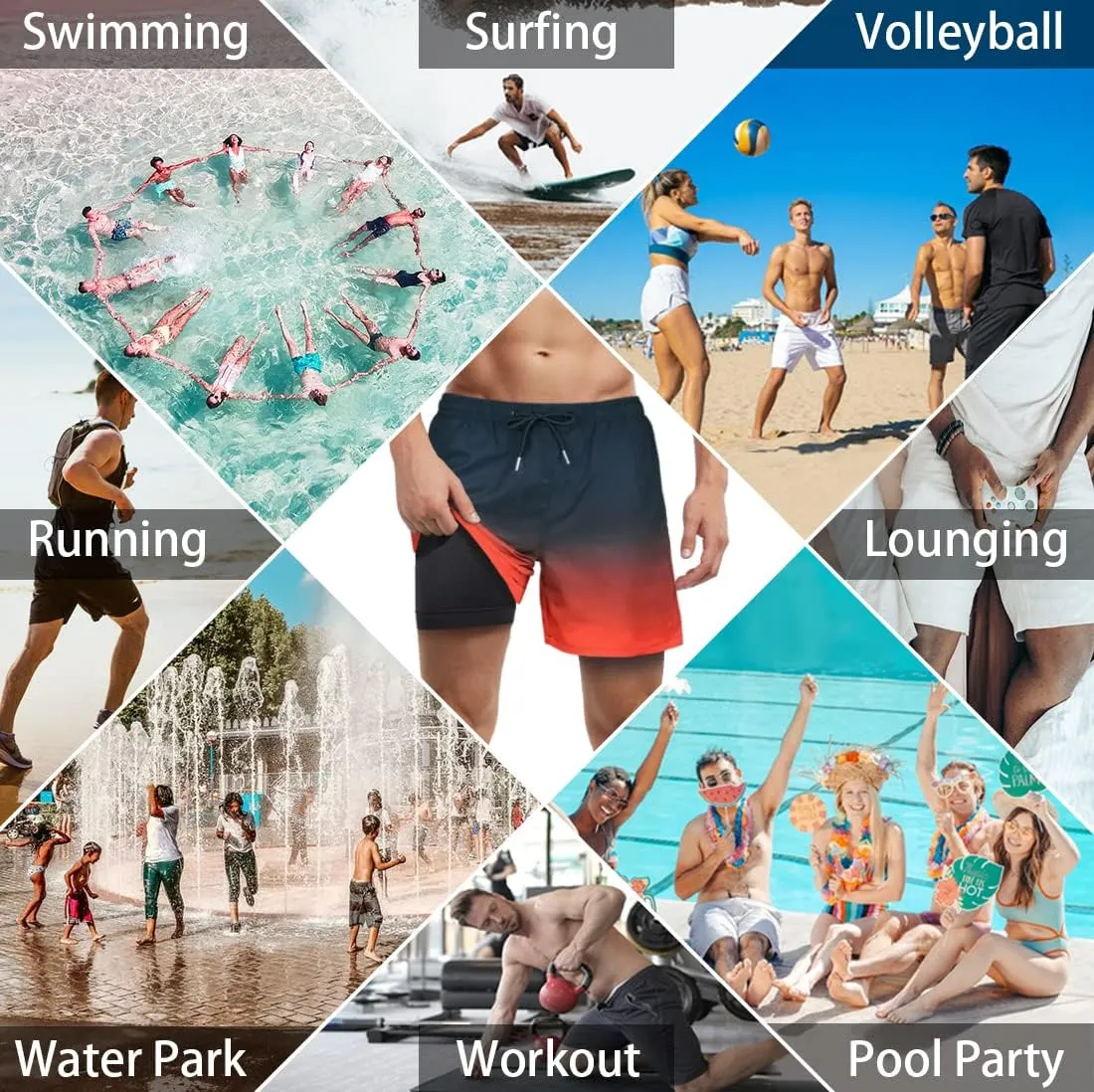LUCOWEE Mens Swim Trunks with Compression Liner Anti Chafe Quick Dry UPF 50  Swimming Shorts 5" 7" Inseam Bathing Suit