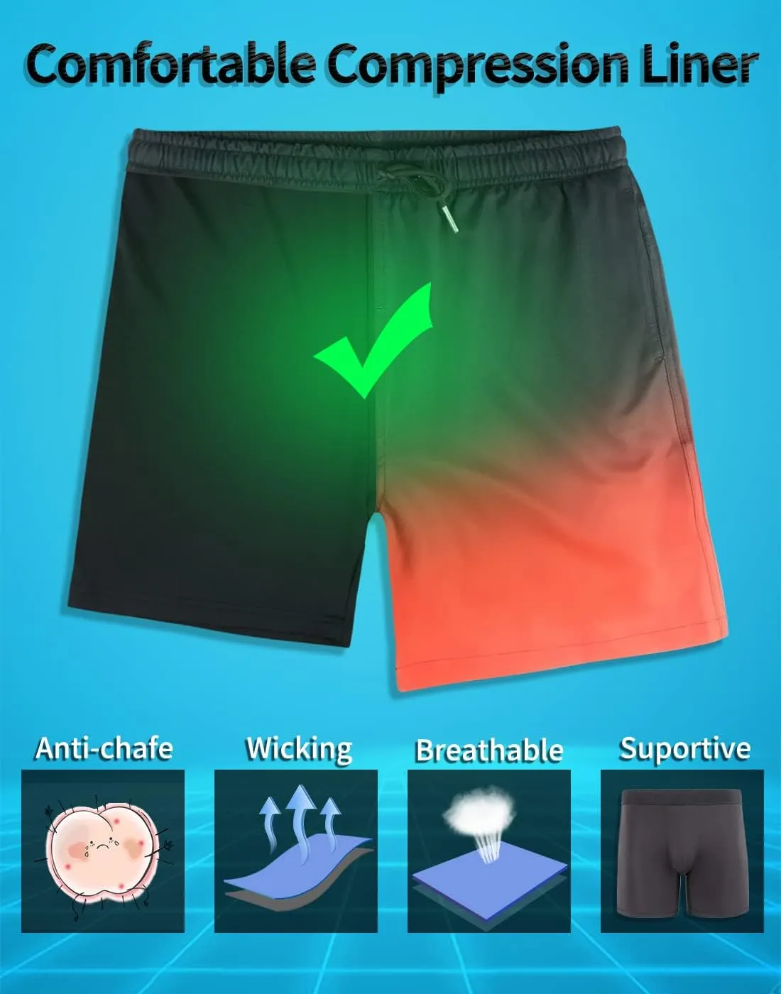 LUCOWEE Mens Swim Trunks with Compression Liner Anti Chafe Quick Dry UPF 50  Swimming Shorts 5" 7" Inseam Bathing Suit
