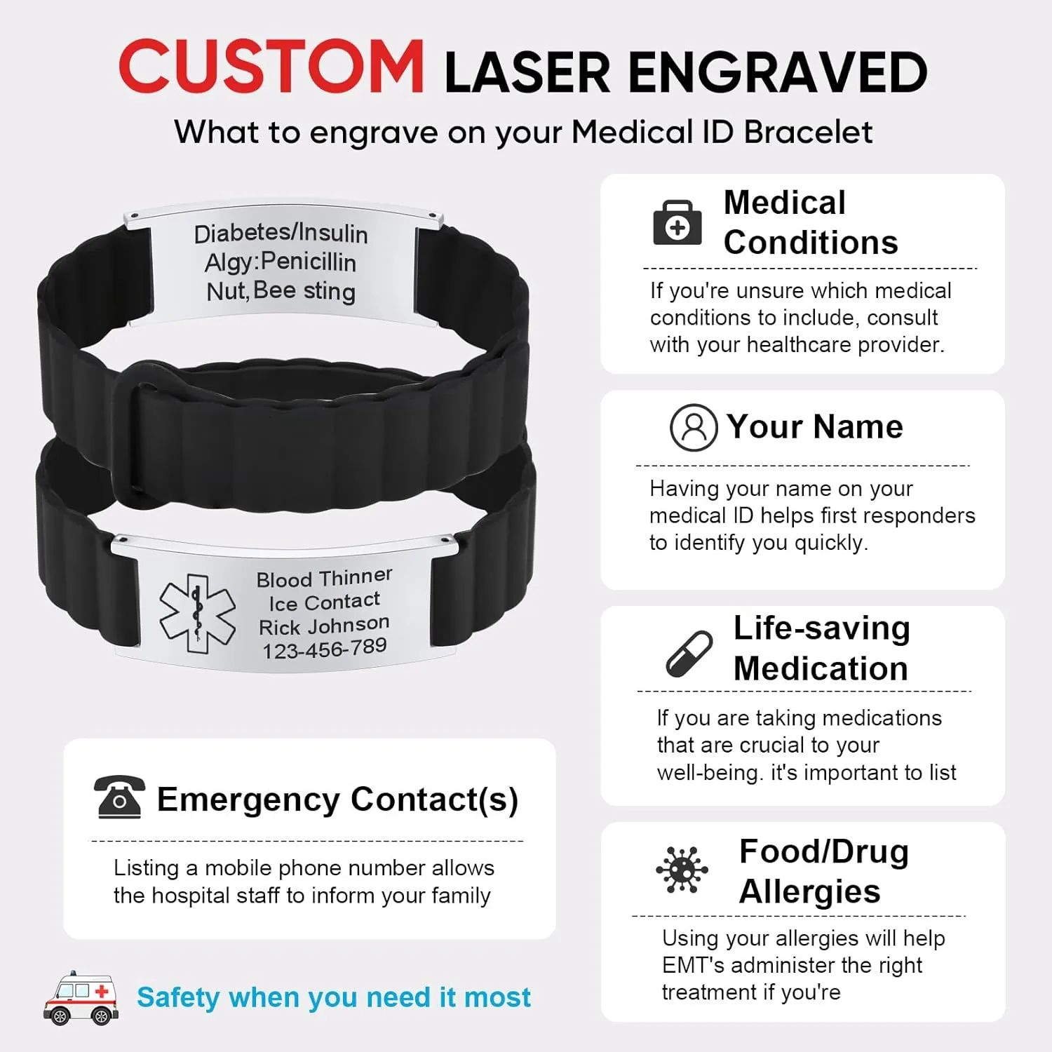 MEALGUET Comfortable Medical ID Bracelet for Men & Women - Custom Engraved Silicone Strap Comfort Fit Medical Alert Bracelets for Sports,Adjustable Waterproof Customizable Wristband for Diabetic