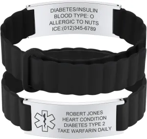 MEALGUET Comfortable Medical ID Bracelet for Men & Women - Custom Engraved Silicone Strap Comfort Fit Medical Alert Bracelets for Sports,Adjustable Waterproof Customizable Wristband for Diabetic