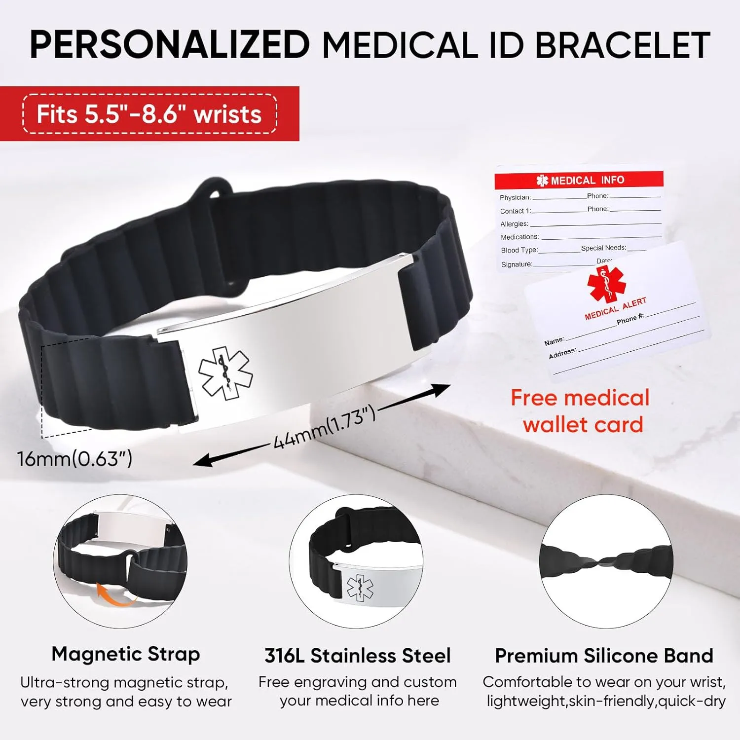 MEALGUET Comfortable Medical ID Bracelet for Men & Women - Custom Engraved Silicone Strap Comfort Fit Medical Alert Bracelets for Sports,Adjustable Waterproof Customizable Wristband for Diabetic