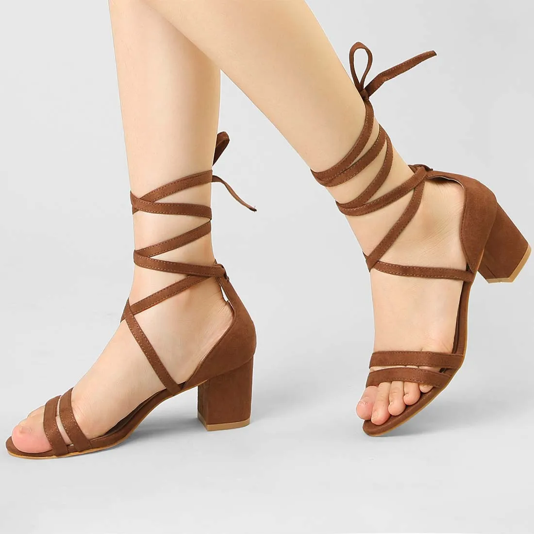 Open Toe Color Block Heel Lace Up Sandals