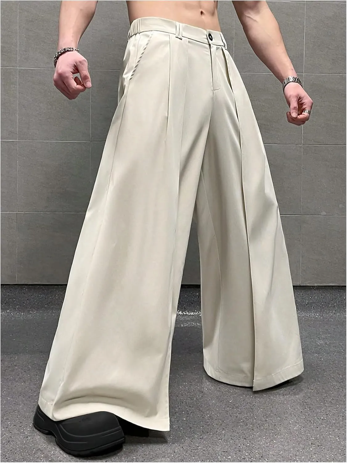 OYOANGLE Men's Baggy Wide Leg Pants Zipper Fly Pleated Trousers Business Casual Dress Pants with Pocket