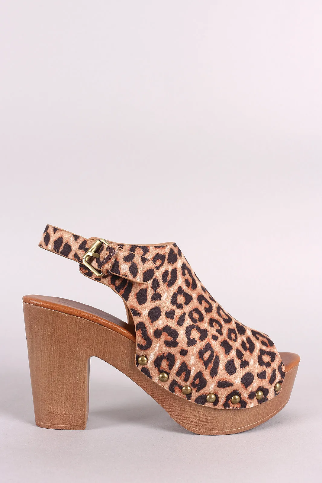 Qupid Leopard Slingback Faux Wooden Chunky Platform Mule Heel
