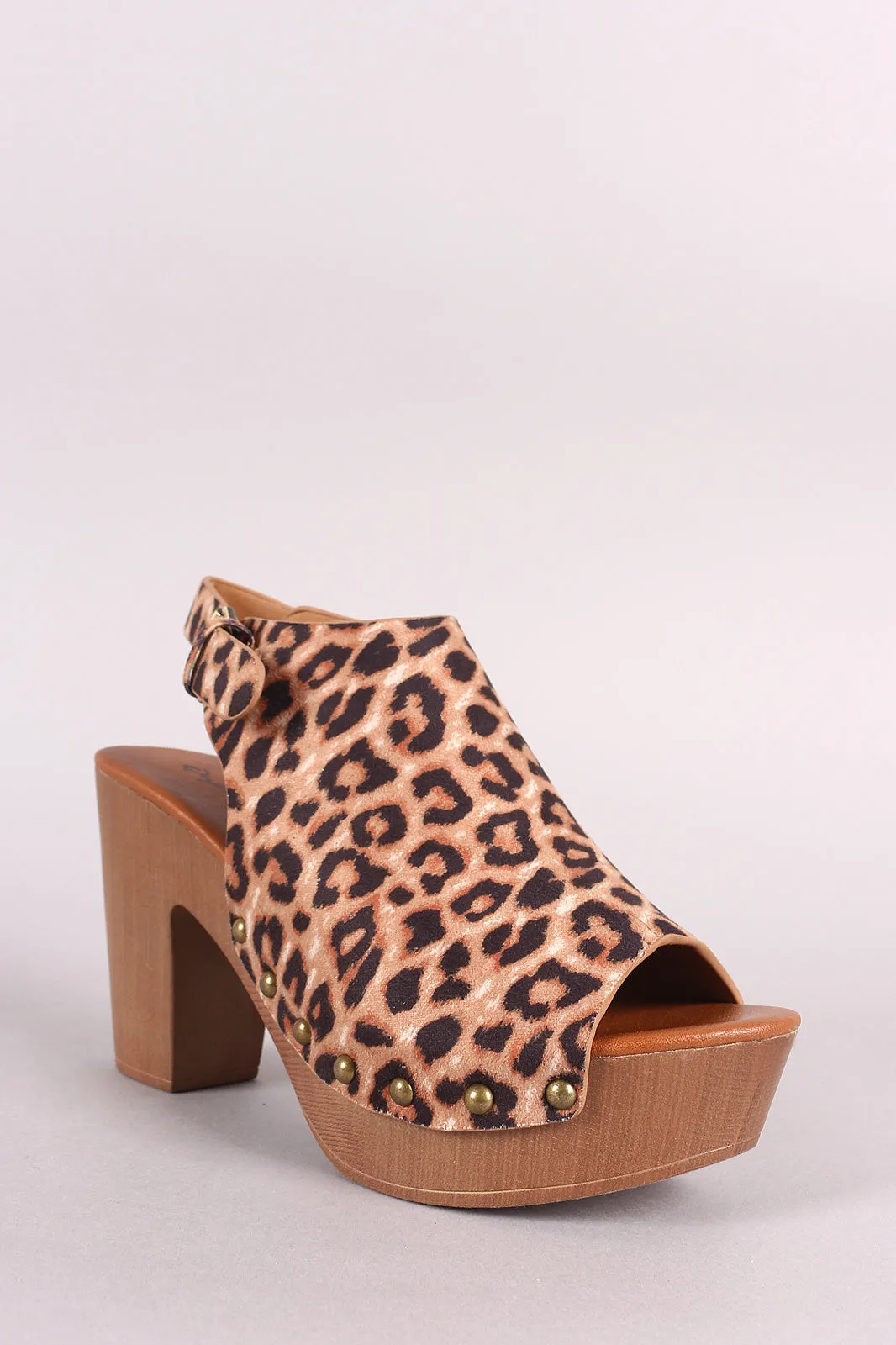 Qupid Leopard Slingback Faux Wooden Chunky Platform Mule Heel