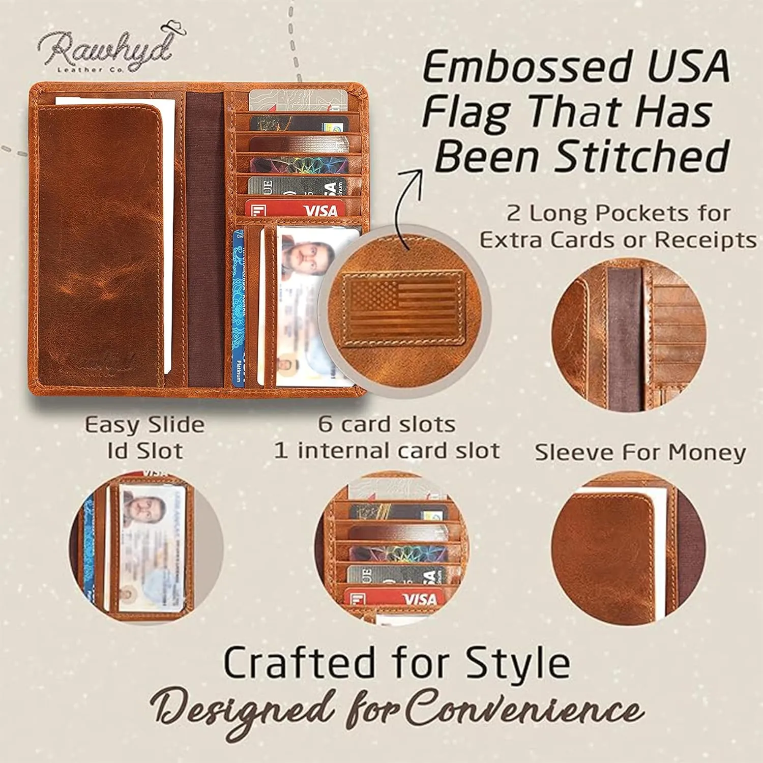 RAW HYD Full-Grain Leather Long Wallet for Men - Classic Bifold Western Wallet for Men - Minimalist Cowboy Wallets for Men - Rodeo wallets for men - Checkbook Cover & Gift for Him