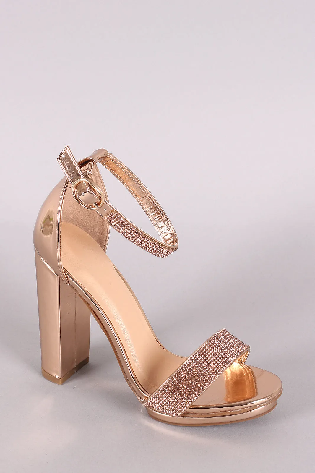 Rhinestone Vamp Metallic Ankle Strap Platform Chunky Heel
