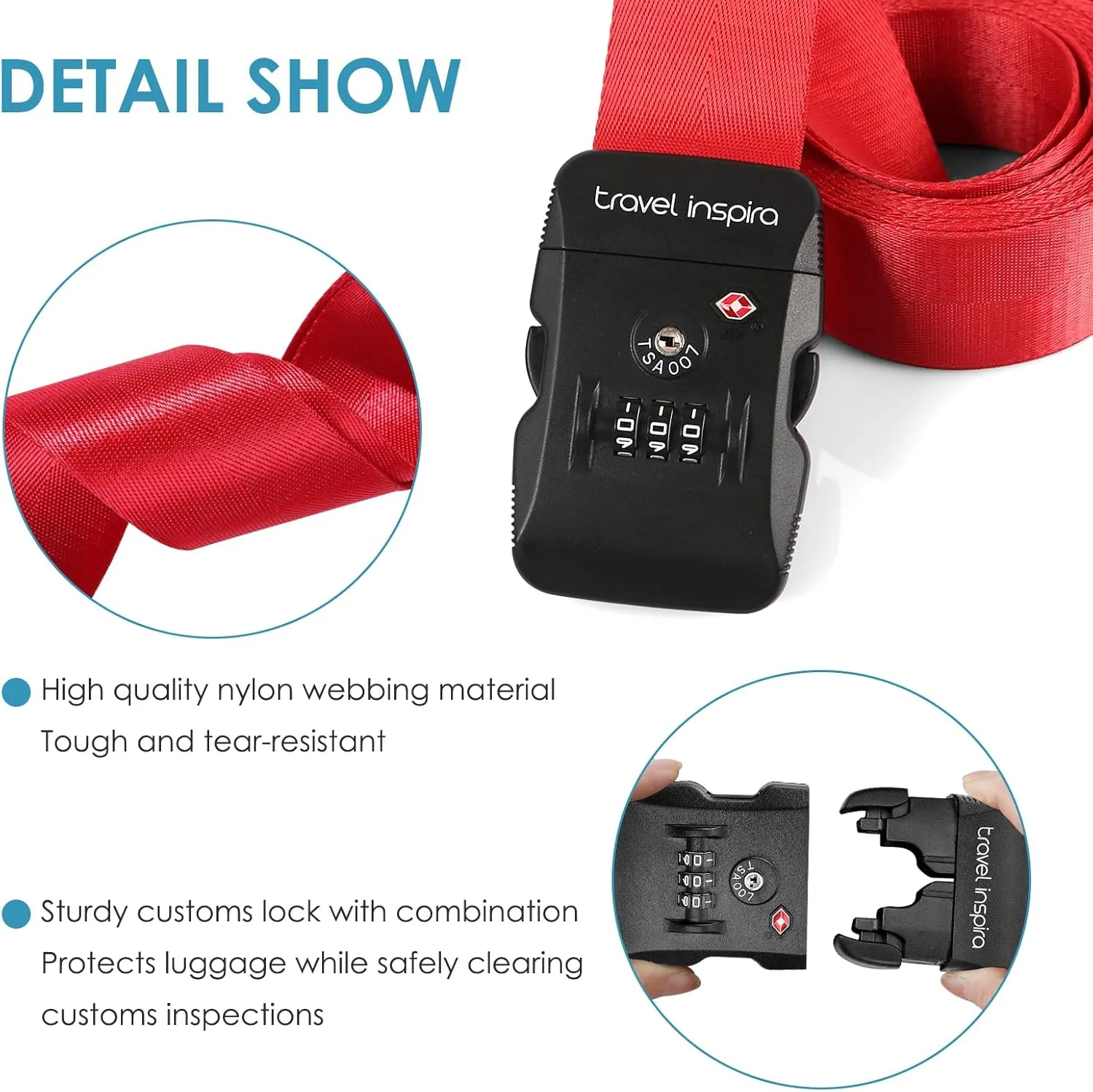 Travel Inspira Luggage Straps for Suitcases with TSA Lock, Protect Your Luggage Anti-Burst, High Visibility Color, Easy to Identify Luggage Adjustable Heavy Duty Belt for 20-32 Inch Suitcases