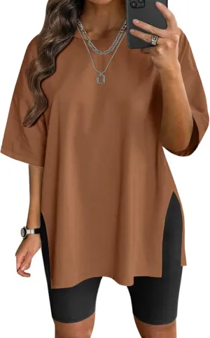 VNIRA Plus Size T Shirt for Women Oversized Cotton Short Sleeve Workout Top Loose Fit Side Split Casual Basic Tunic Top