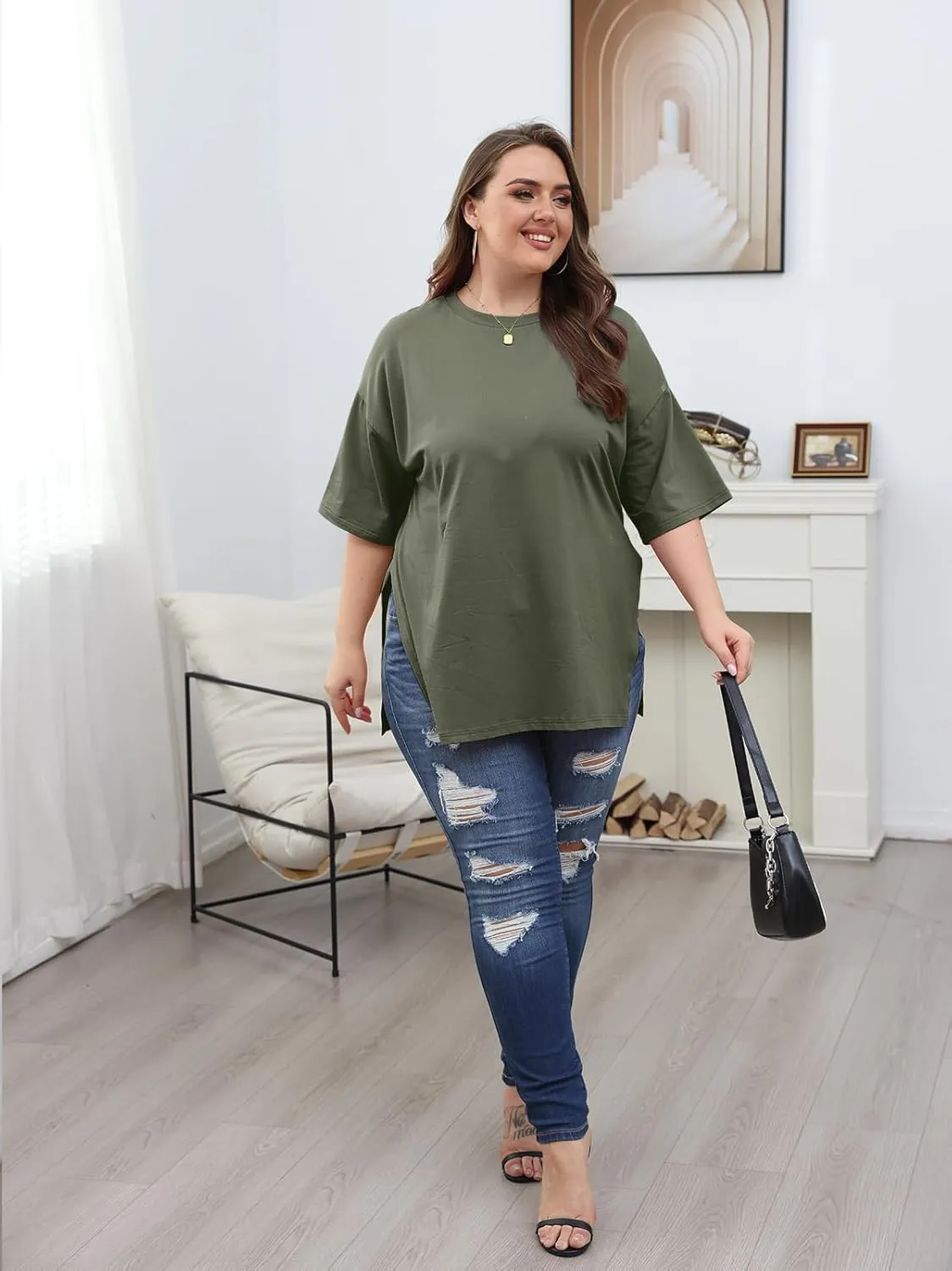 VNIRA Plus Size T Shirt for Women Oversized Cotton Short Sleeve Workout Top Loose Fit Side Split Casual Basic Tunic Top
