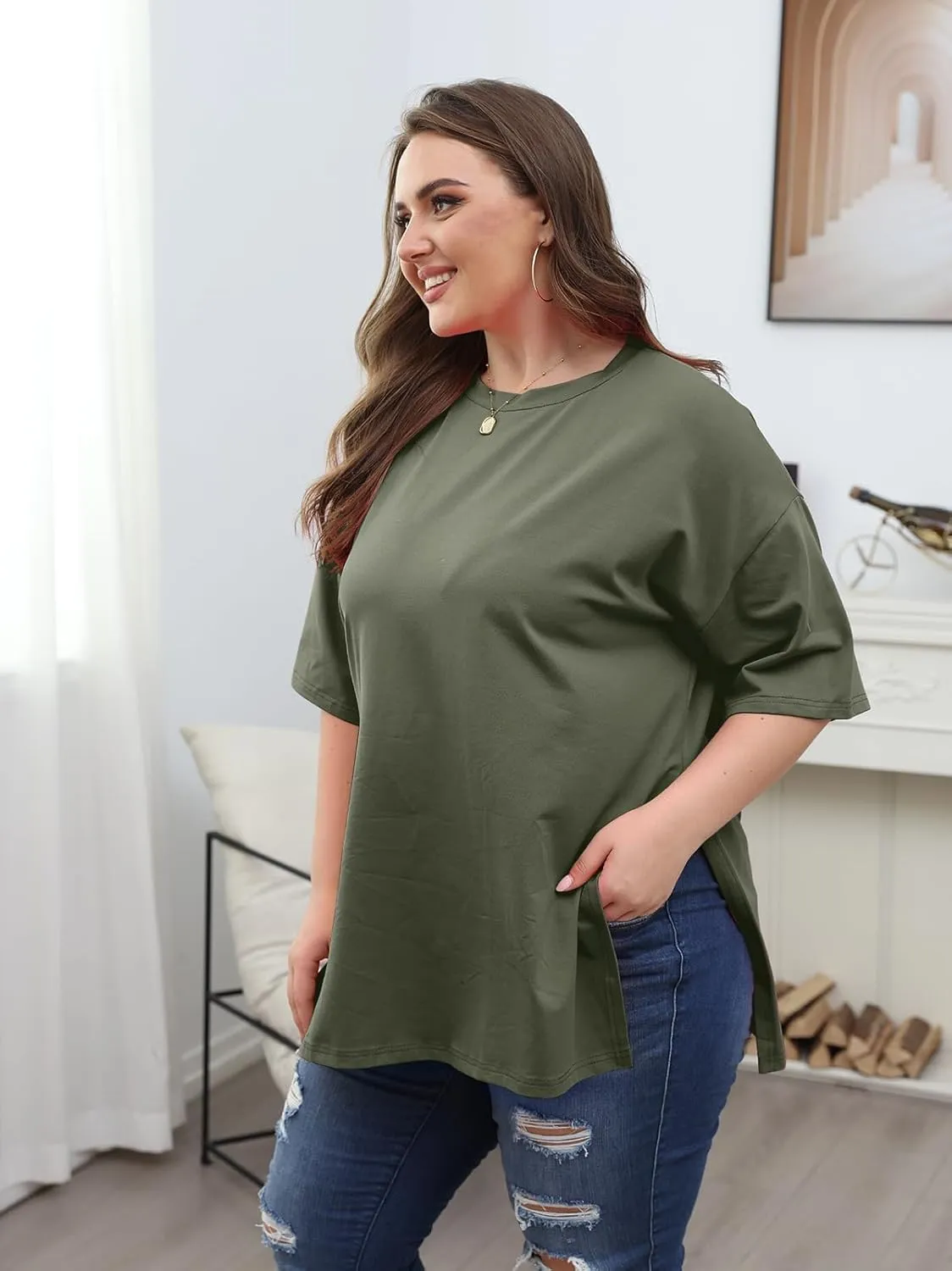 VNIRA Plus Size T Shirt for Women Oversized Cotton Short Sleeve Workout Top Loose Fit Side Split Casual Basic Tunic Top