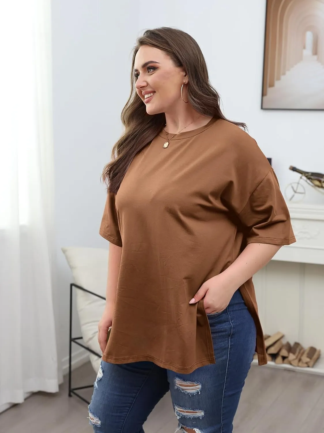 VNIRA Plus Size T Shirt for Women Oversized Cotton Short Sleeve Workout Top Loose Fit Side Split Casual Basic Tunic Top