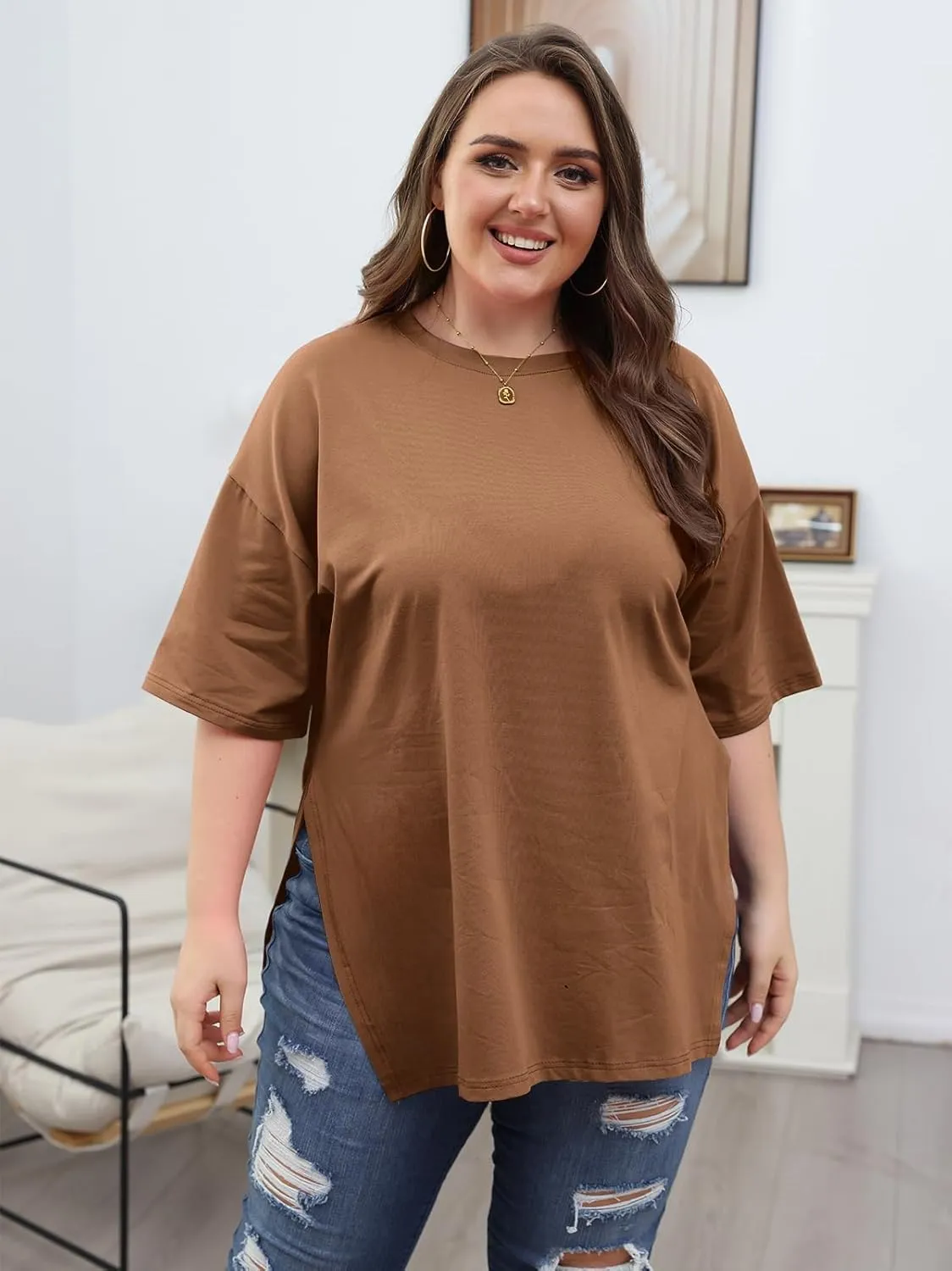 VNIRA Plus Size T Shirt for Women Oversized Cotton Short Sleeve Workout Top Loose Fit Side Split Casual Basic Tunic Top