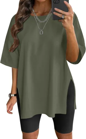 VNIRA Plus Size T Shirt for Women Oversized Cotton Short Sleeve Workout Top Loose Fit Side Split Casual Basic Tunic Top