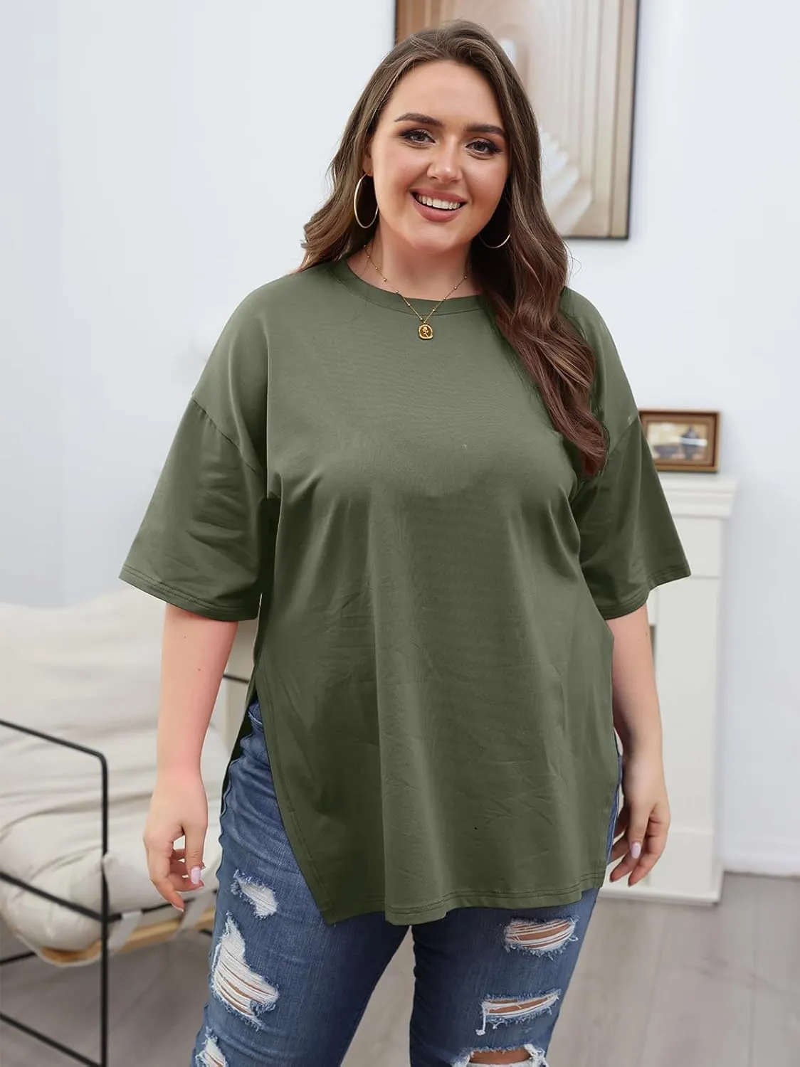 VNIRA Plus Size T Shirt for Women Oversized Cotton Short Sleeve Workout Top Loose Fit Side Split Casual Basic Tunic Top