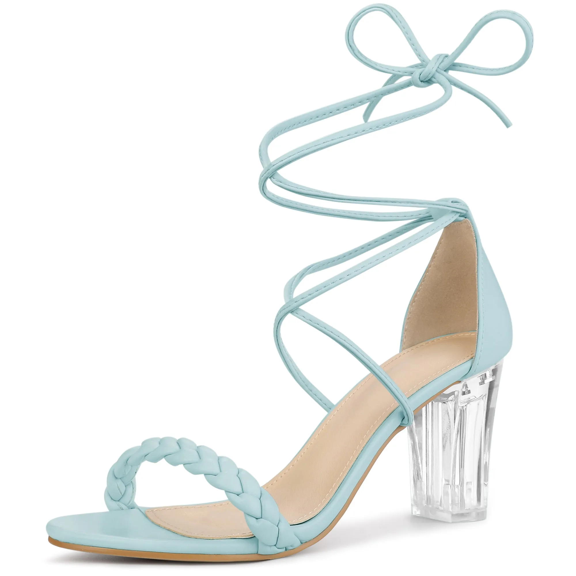 Woven Lace Up Braided Clear Block Heel Sandals