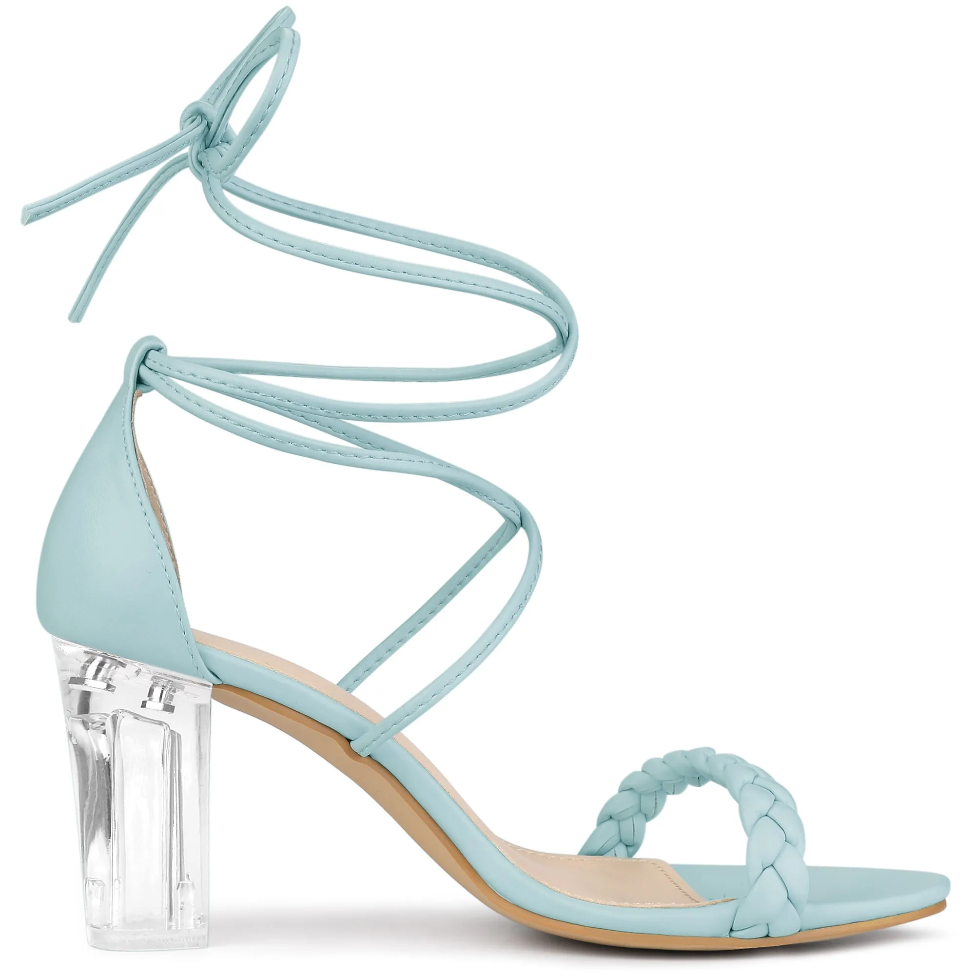 Woven Lace Up Braided Clear Block Heel Sandals